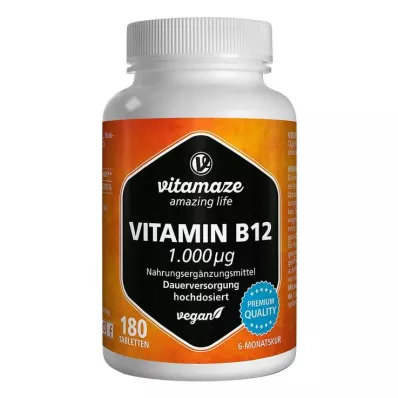 VITAMIN B12 1000 µg wegańskie tabletki o wysokiej dawce, 180 szt