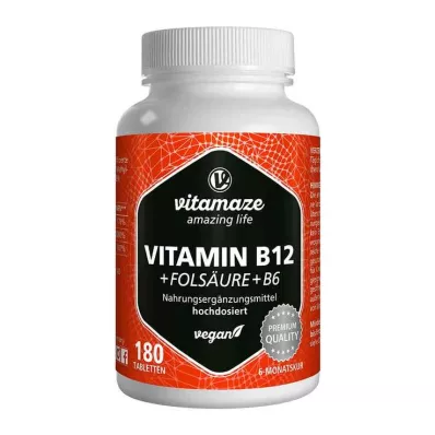 VITAMIN B12 1000 µg w wysokiej dawce +B9+B6 tabletki wegańskie, 180 szt